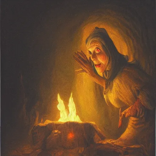 Prompt: old witch looking into a flame in a cave, golden glow, high detail