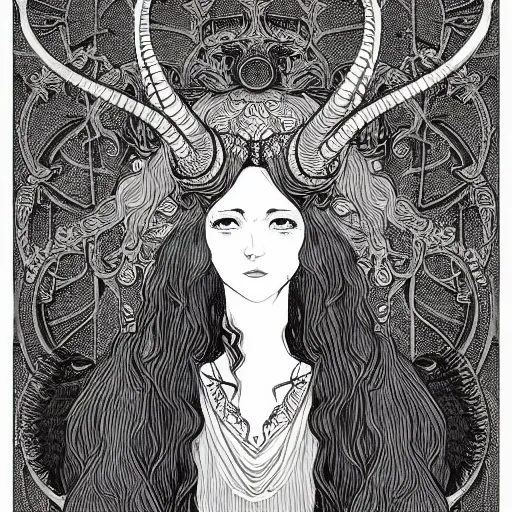 Image similar to filigree detailed illustration of a profile of gypsy girl with long curly hair and big goat horns on her head, aubrey beardsley, tomer hanuka, makoto shinkai