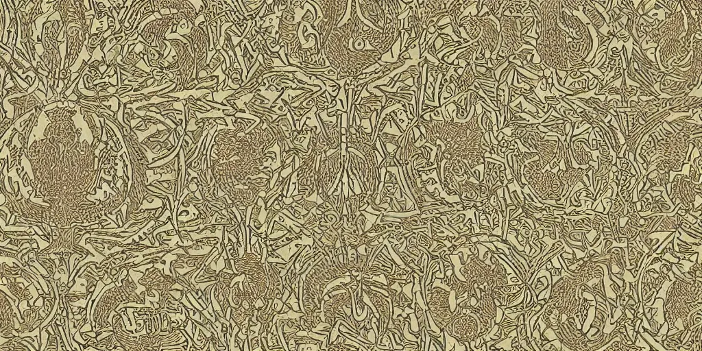 Prompt: scan of old symmetrical patterned wallpaper showing hay creatures and cryptic occult alpine symbols and dolomites