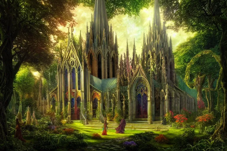 Image similar to a beautiful and highly detailed digital painting of an elven cathedral in a beautiful garden in a mystical forest, psychedelic colors, intricate details, epic scale, insanely complex, hyperdetailed, artstation, cgsociety, 8 k, sharp focus, hyperrealism, by caspar friedrich, albert bierstadt, james gurney, brian froud,