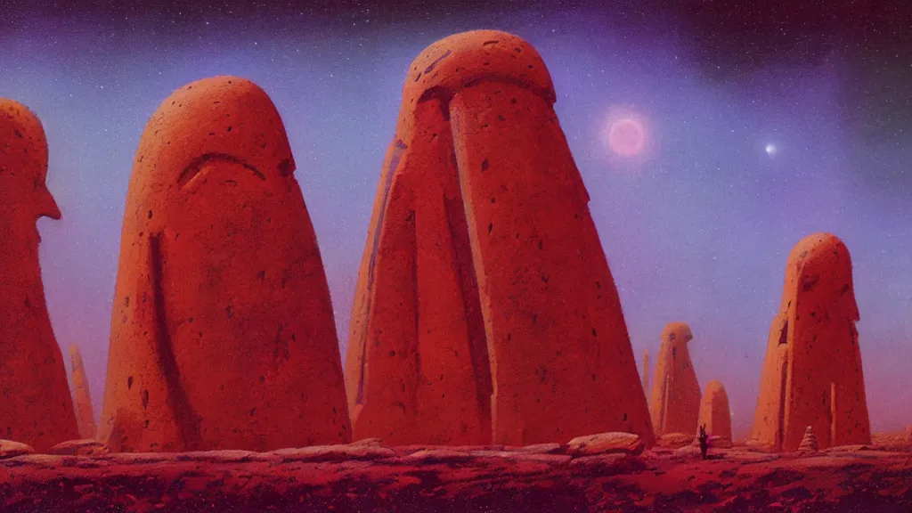 Image similar to mysterious megaliths of an alien civilization by paul lehr and john schoenherr, cinematic matte painting