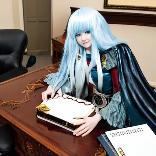 Image similar to a person cosplaying griffith from berserk manga by kentaro miura sitting at oval office desk with american flag