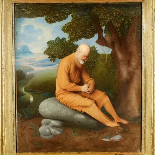 Prompt: painting of a thinking man sitting on a stone surrounded by nymphs