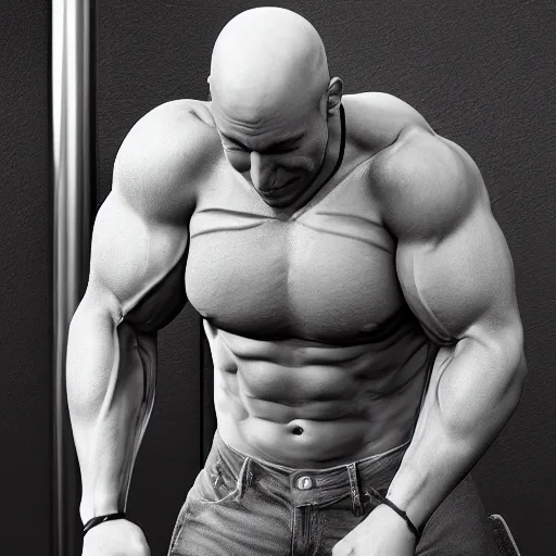 Image similar to bald muscular guy, beautiful details, hdr, octane render