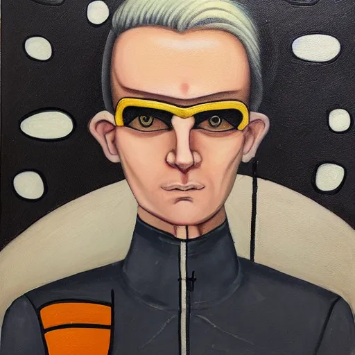Image similar to square - jawed emotionless serious blonde woman starship engineer, tribal tattoos, handsome, short slicked - back hair, sweating, uncomfortable and anxious, looking distracted and awkward, wearing victorian dark goggles, flight suit and gloves, highly detailed, oil painting