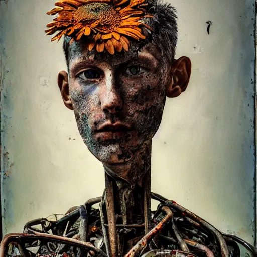 Image similar to a painting of a very ordinary person, by Anselm Kiefer, mixed media, rusted metal, flowers, anatomically correct, beautiful perfect face, sharp focus, Highly Detailed, Cinematic Lighting, octane render, volumetric lighting, post-production, 8k, HD