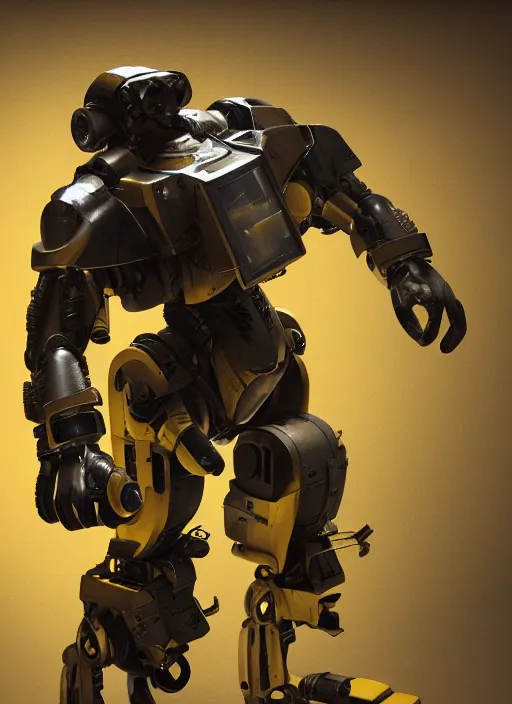 Image similar to a photorealistic dramatic hyperrealistic render of a futuristic exosuit power loader heavy machinery, ultra realistic details, glossy yellow, well worn, rust, oil stains by vitaly bulgarov and mike nash, beautiful dramatic dark moody tones and lighting, cinematic atmosphere, studio lighting, global illumination, shadows, dark background, octane render, 8 k