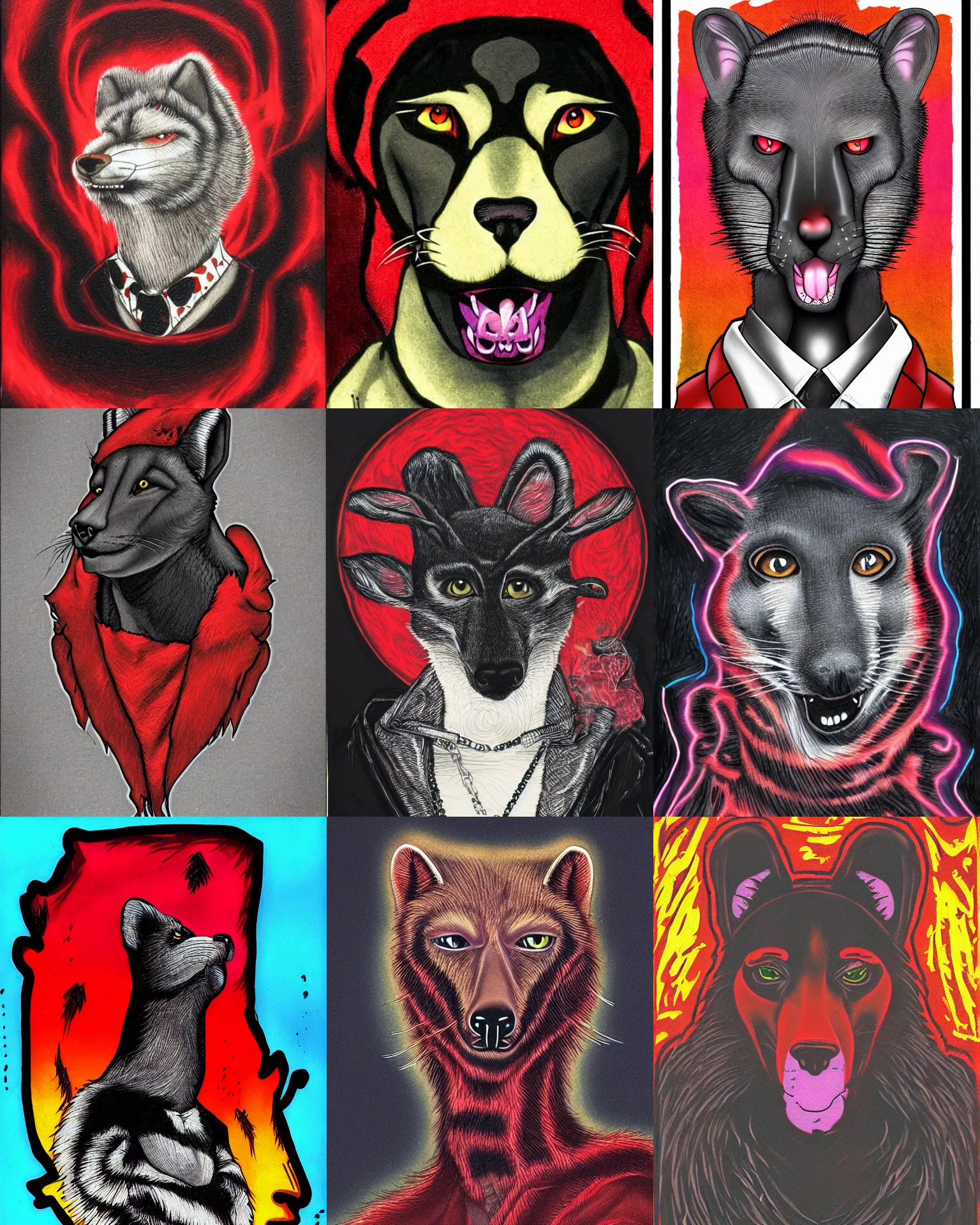 Prompt: handsome weasel fursona portrait, male, red - black, a dark and smoky cloud hangs above, dark psychedelia style, refer to late timothy leary, schizophrenic art.