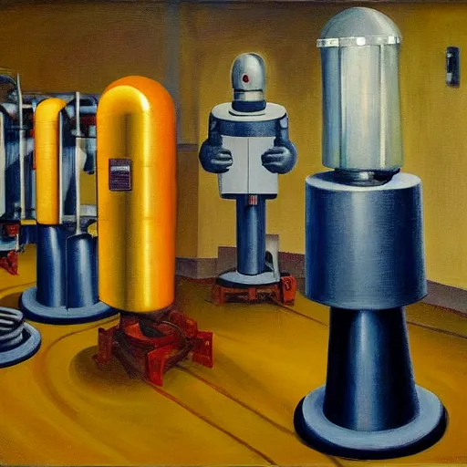 Image similar to engine room, turbines, plasma globes, robot repairmen, reactor core, grant wood, pj crook, edward hopper, oil on canvas