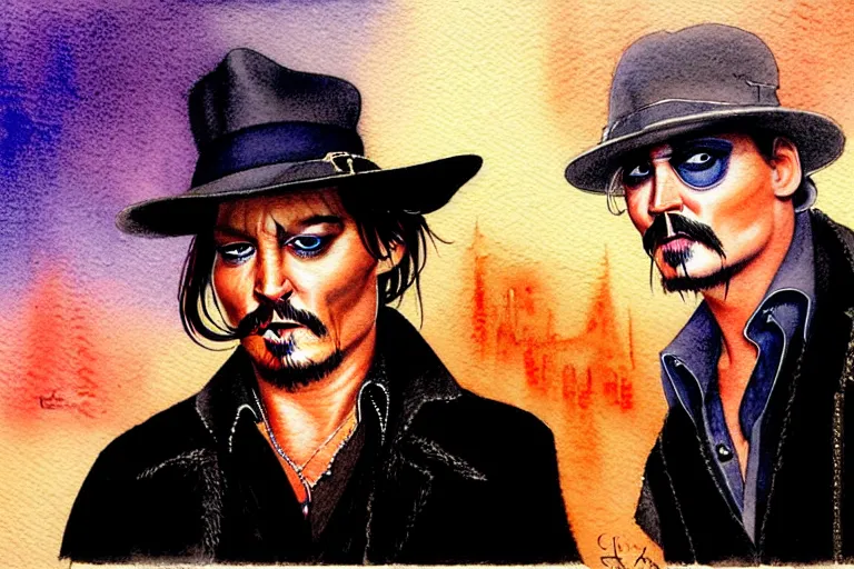 Image similar to a hyperrealist watercolour character concept art portrait of johnny depp and tom sellick on a misty well lit night in las vegas. a ufo is in the background. by rebecca guay, michael kaluta, charles vess and jean moebius giraud