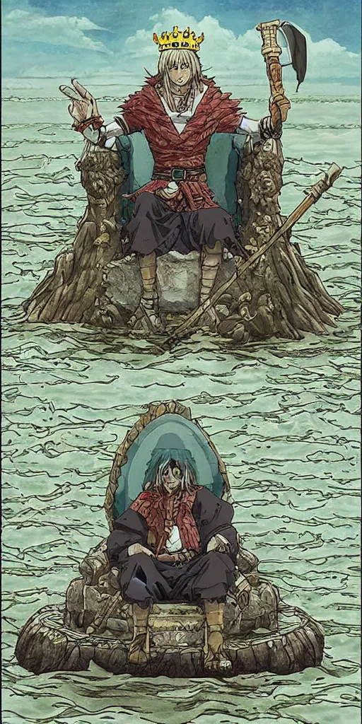 Image similar to a lone king sitting on a throne floating on water in the middle of a lake drawn by Makoto Yukimura in the style of Vinland saga anime, full color, detailed