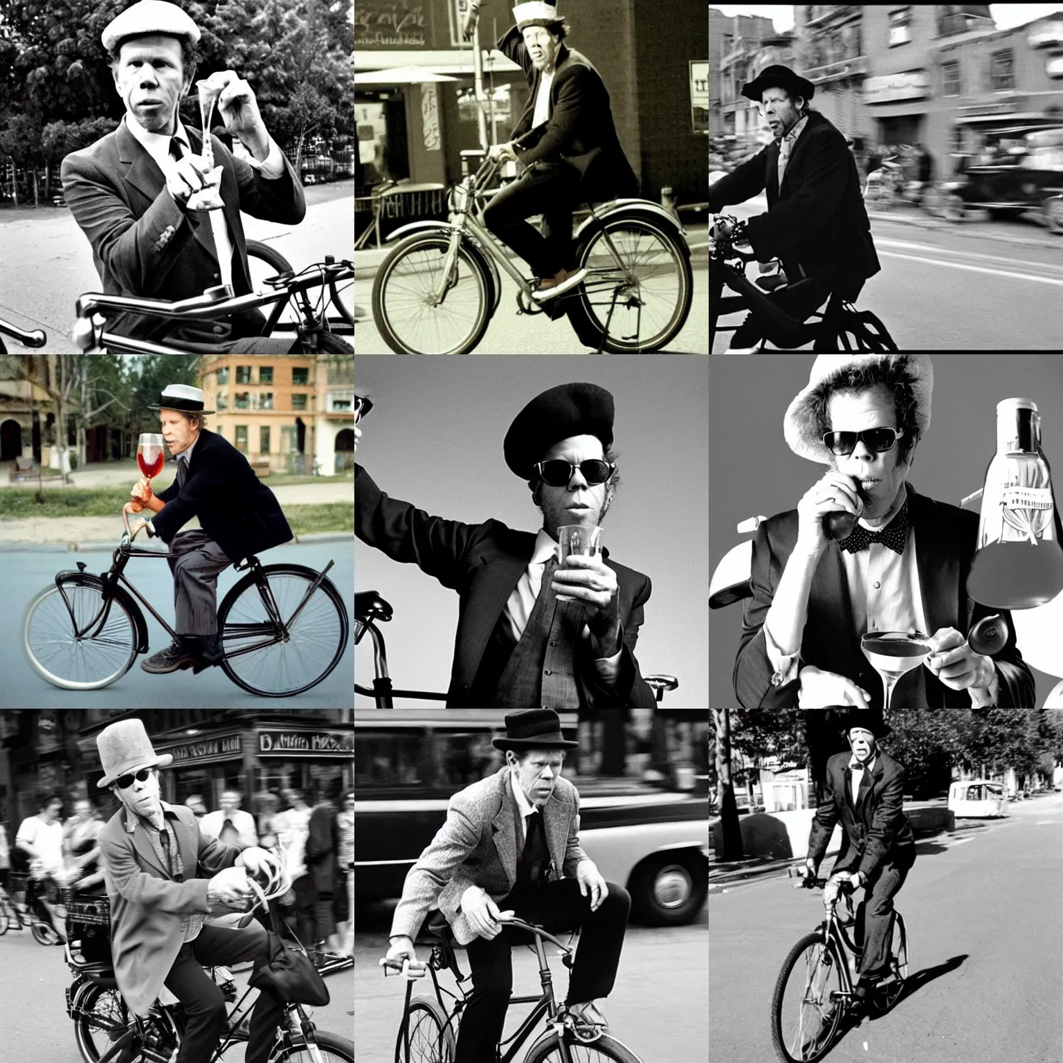 Prompt: Tom Waits wearing a fez and drinking a martini while riding a bicycle