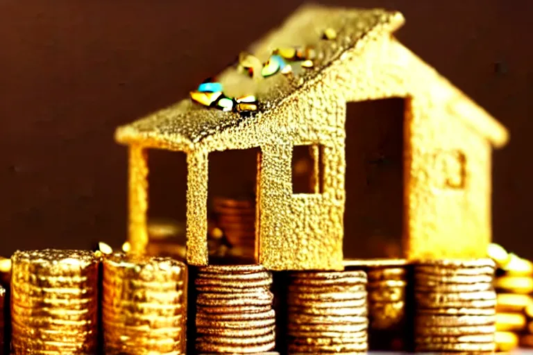 Image similar to a house, made of gold, under construction, tiny men working, with piles of coins around it