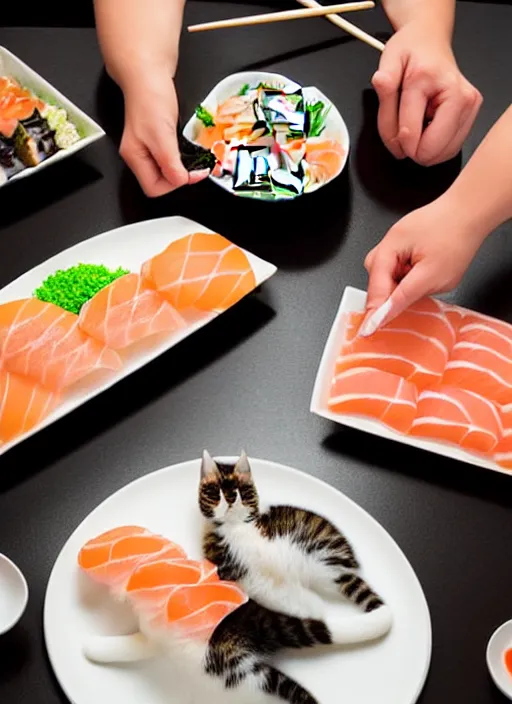 Image similar to clear photograph of cute cats eating sushi from sushi plates