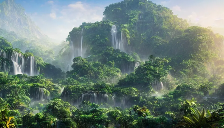 Prompt: wide view of giant ecological glass city built in the heart of a jungle, sunny morning, mountains with waterfalls, hyperdetailed, artstation, cgsociety, 8 k