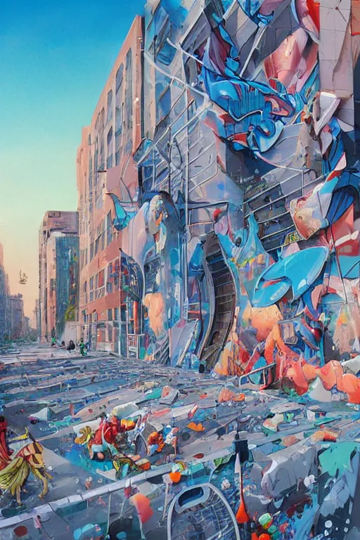 Image similar to people in a busy city people looking at a white building covered with a 3d graffiti mural with paint dripping down to the floor, professional illustration by artgerm, painterly, yoshitaka Amano, hiroshi yoshida, moebius, loish, painterly, and james jean, illustration, sunset lighting