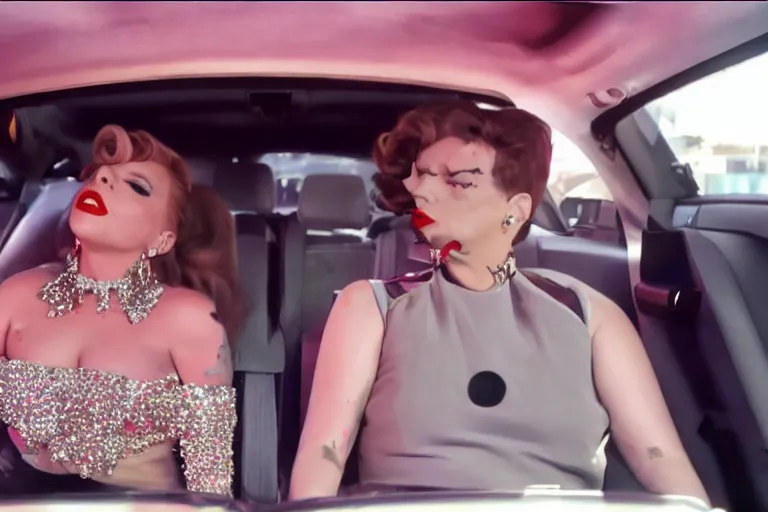 Image similar to lady gaga and judy garland in carpool karaoke, lady gaga, judy garland, red weapon 8 k s 3 5, cooke anamorphic / i lenses, highly detailed, cinematic lighting