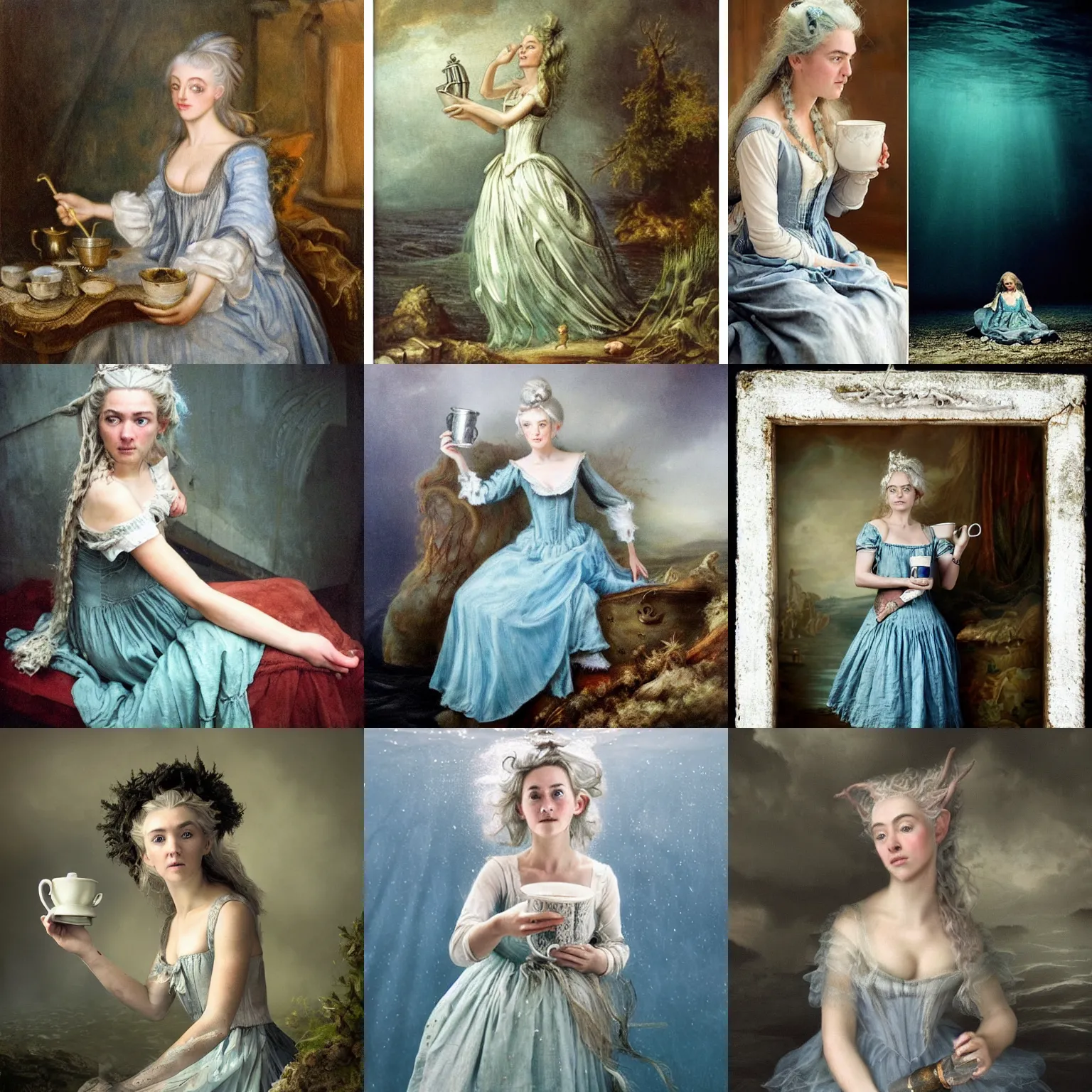 Image similar to A 18th century, messy, silver haired, (((mad))) elf princess (similar to young Kate Winslet), dressed in a ((ragged)), wedding dress, is ((drinking a cup of tea)). Everything is underwater and floating. Greenish blue tones, theatrical, (((underwater lights))), high contrasts, fantasyconcept art, inspired by John Everett Millais's Ophelia