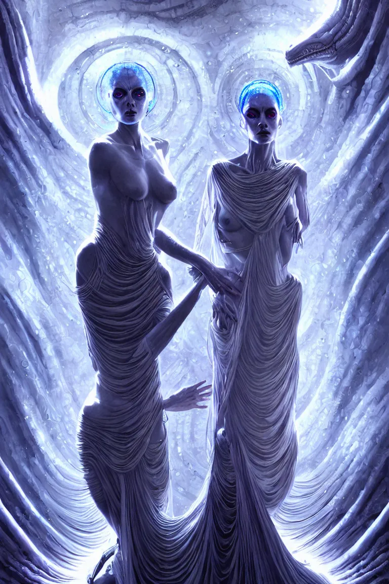 Prompt: epic stunning alien machine goddess of the black hole in white shimmering robes by android jones alex grey android jones alex grey mark cooper alien beauty goddess epic scale bluehaired timespace goddess with white robes and metallic machine deity artgerm photorealistic detailed hypervivid intense digital art by greg rutkowski max chroma