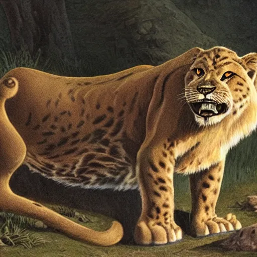 Image similar to a sabertooth cat, lion with huge walrus fangs, naturalist illustration