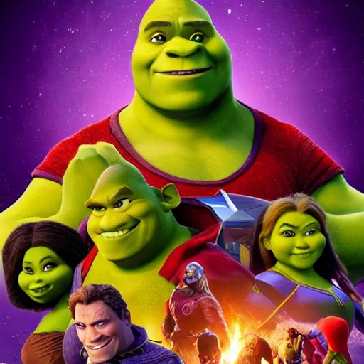 Image similar to shrek in avengers infinity war poster