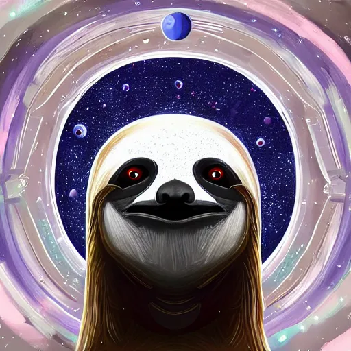 Prompt: geometric symmetrical sloth with galaxy eyes in space, nebula in the background, intricate, elegant, highly detailed, digital painting, artstation, concept art, smooth, sharp focus, illustration, art by artgerm