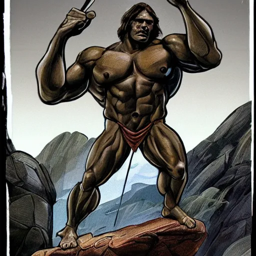 Prompt: muscular martian barbarian, standing on boulder, science fiction pulp illustration