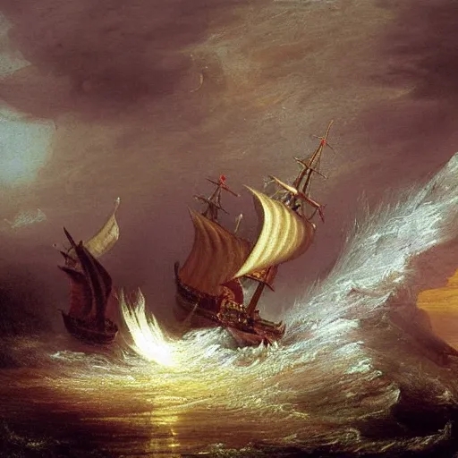 Image similar to an oil painting of an xviii century ship firing its cannons, highly detailed, 4 k, painted by thomas cole