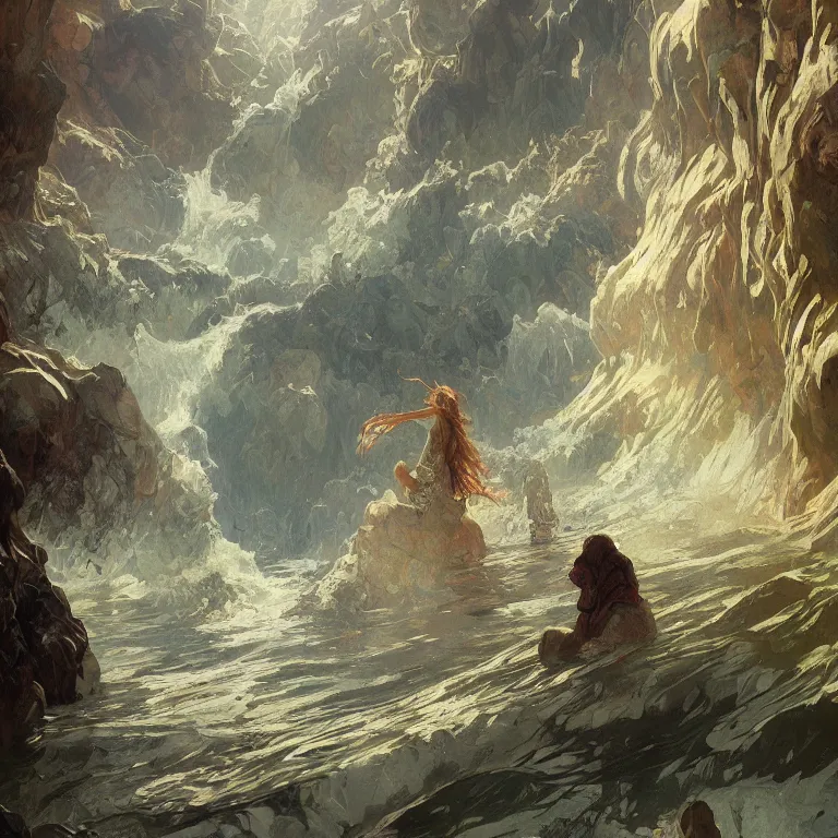 Image similar to a beautiful painting of the view from the whitewater river of caverns measureless to man down to a sunless sea, intricate, elegant, highly detailed, digital painting, artstation, concept art, by krenz cushart and artem demura and alphonse mucha