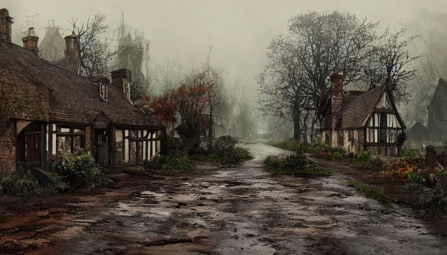 Image similar to Abandoned English village at rainy day, muddy road, old cemetery, sad feeling, grey sky, rusted damaged houses, hyperdetailed, artstation, cgsociety, 8k