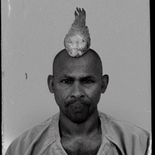 Prompt: mugshot of an inmate that has a chicken head