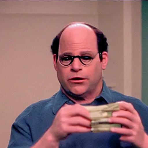 Image similar to George Costanza smoking a joint in a strip club, 8k, TV still, realistic