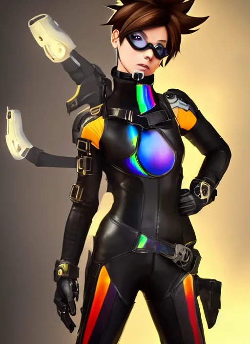 Image similar to full body digital artwork of tracer overwatch, wearing black iridescent rainbow latex, 4 k, expressive happy smug expression, makeup, in style of mark arian, wearing detailed black leather collar, wearing sleek armor, black leather harness, expressive detailed face and eyes,