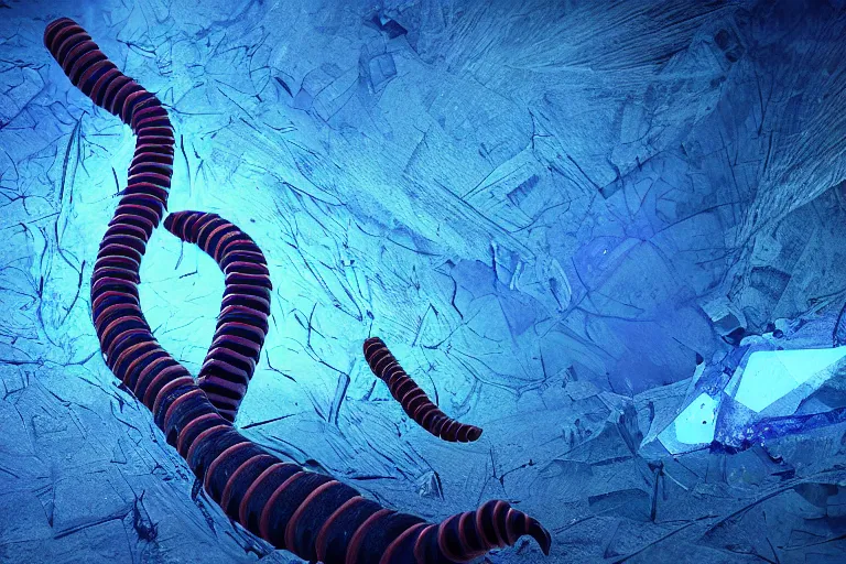 Image similar to centipede trapped inside a blue amber, octane render, digital art, trending on artstation, deviantart, 8k, epic composition, intrinsic details, AAA graphics