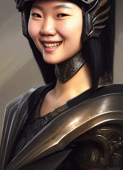 Prompt: Close-up portrait of smiling young asian woman wearing a winged helmet and a dark black armor black, portrait, , highly detailed, digital painting, artstation, concept art, sharp focus, illustration, art by artgerm and greg rutkowski and alphonse mucha