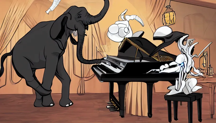 Prompt: a antropomorphic elephant dressing black tie and playing piano in a xenomorphic restaurant