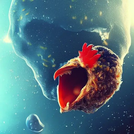 Image similar to Chicken eating the universe, ultra realistic, 8k 4k, highly detailed, award winning, trending on artstation