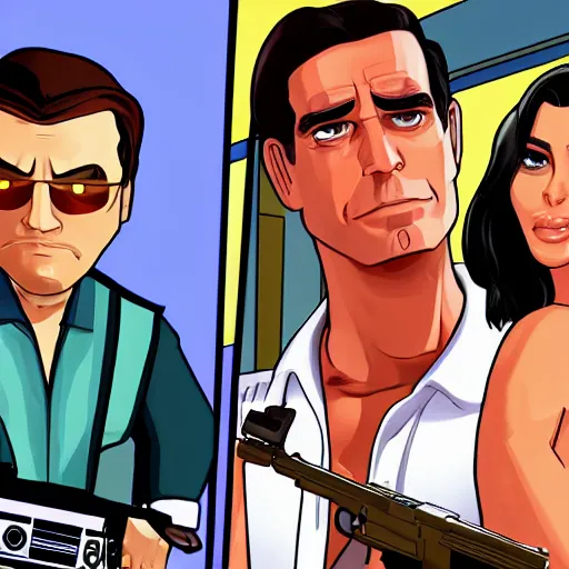 Image similar to gta vice city loading screen kim kardashian and ben shapiro in star wars episode 3 and indiana jones bruce willis and lady and the tramp on crack ultra detail