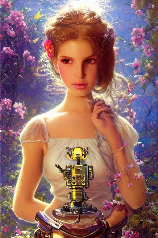 Image similar to cute shiny robot Lana Del Rey look-alike, Lilia Alvarado, Sophie Anderson, Mark Arian, Bob Byerley, Charlie Bowater, Mark Brooks, Steve Henderson, Justin Gerard, Arthur Hughes, Edward Robert Hughes, Mark Keathley, Victor Nizovtsev, Carlos Shwabe, Ross Tran, WLOP