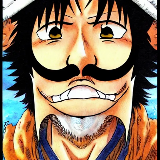 Image similar to [ luffy mustache ] ( by kim jung gi ) ( by kentaro miura ) ( by takao saito )