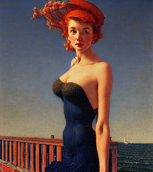 Prompt: a fancy beautiful young lady standing on a wharf at the edge of the sea by brom and gil elvgren and jean delville and william blake and norman rockwell and dan mumford, crisp details, hyperrealism, high detail, high contrast, low light, grey mist, cobblestones, dim lantern