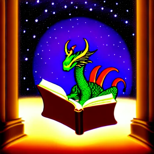 Image similar to dragon reading a book underneath the stars, digital art