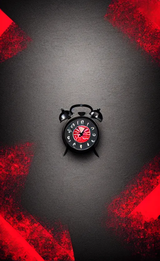 Image similar to a melting Roman numeral clock, behind a red and black gradient background, awith a black heart shaped on the top left corner and a black diamond card shape in the bottom right corner, dynamic lighting, photorealistic fantasy concept art, trending on art station, stunning visuals, cinematic, creative, ultra detailed