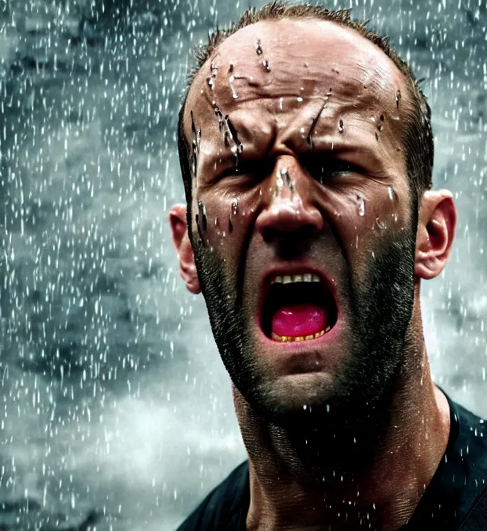 Image similar to cinematic still of jason statham as batman, close up, screaming in pain, dramatic rain, 8 k