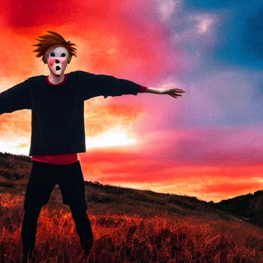 Prompt: a comic - like red haired boy with red eyes and surrounded by fire and a red sky