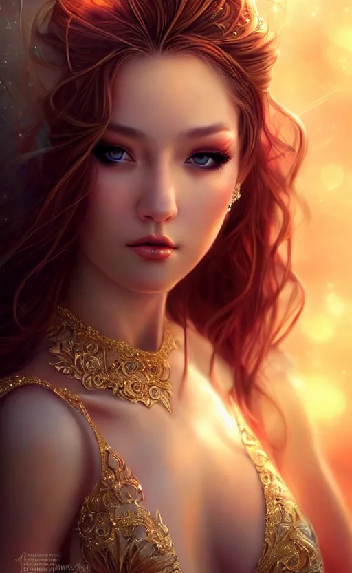 Image similar to a fantasy photo of gorgeous russian female, evening gown, bokeh, medium shot, beautiful face, professionally retouched, soft lighting, realistic, smooth face, perfect eyes, sharp focus, 8 k realistic high definition, insanely detailed, intricate, elegant, art by artgerm and kyoung hwan kim