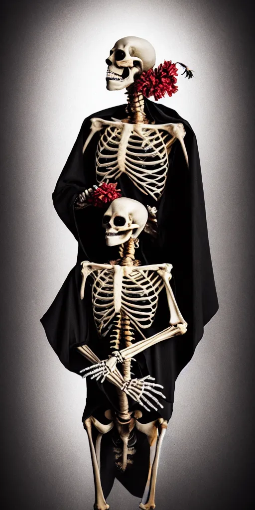 Image similar to cinematic shot epic portrait skeleton wearing a dark robe holding flowers crying, hyper realistic, mood lighting, fantasy, detailed face, highly detailed, super realistic, perfect lighting