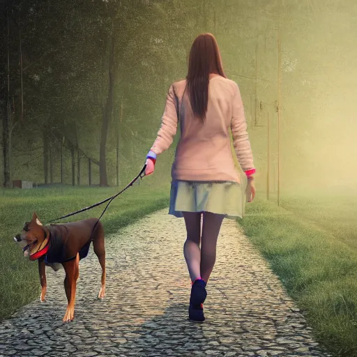 Image similar to Full lenght view contamporary art photography of ultra mega super hyper realistic girl walking with a dog . Photo on Leica Q2 Camera, Rendered in VRAY and DaVinci Resolve and MAXWELL and LUMION 3D, Volumetric natural light