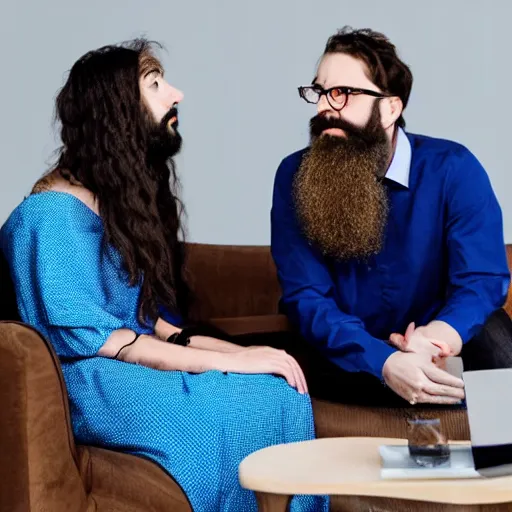 Prompt: a woman in a blue dress and a bearded hipster argue about artificial intelligence on a sofa