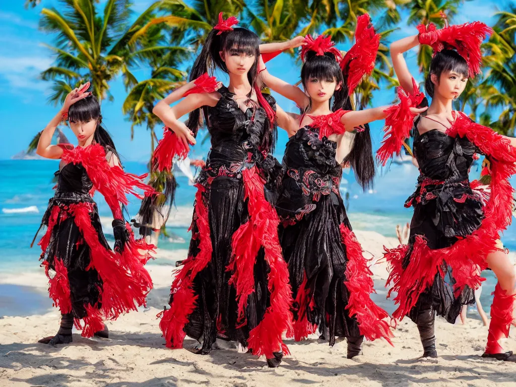 Image similar to babymetal 3 beautiful members performing on a tropical beach, beautiful scenery, highly detail face, dynamic pose, High Definition detail, 8K, photography